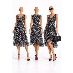 Calvin Klein Women’s Dress Size 14 Black White Floral Chiffon Midi Ruffle Layere